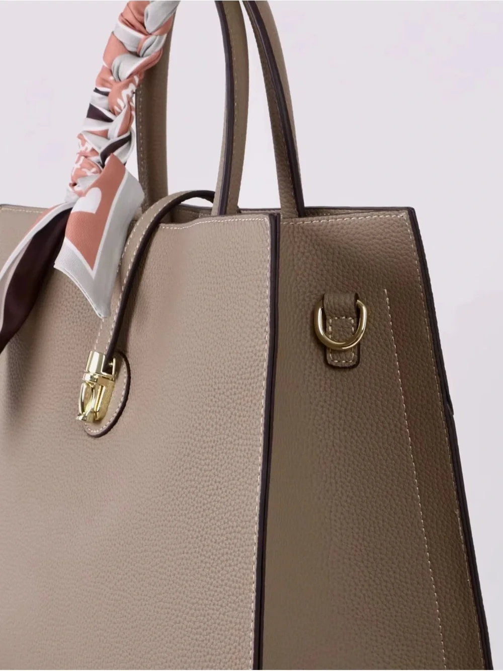 Classic Structured Togo Leather Bag in Brown with Scarf Accent